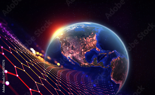 Fototapeta Naklejka Na Ścianę i Meble -  Global network in orbit of planet earth. View from space at night city and sunrise. 3D illustration. Elements of this image are furnished by NASA