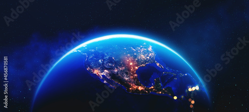 Fototapeta Naklejka Na Ścianę i Meble -  View from space. Art concept. Earth orbit. North America and night lights of cities. Planet in space 3d illustration. Elements of this image are furnished by NASA