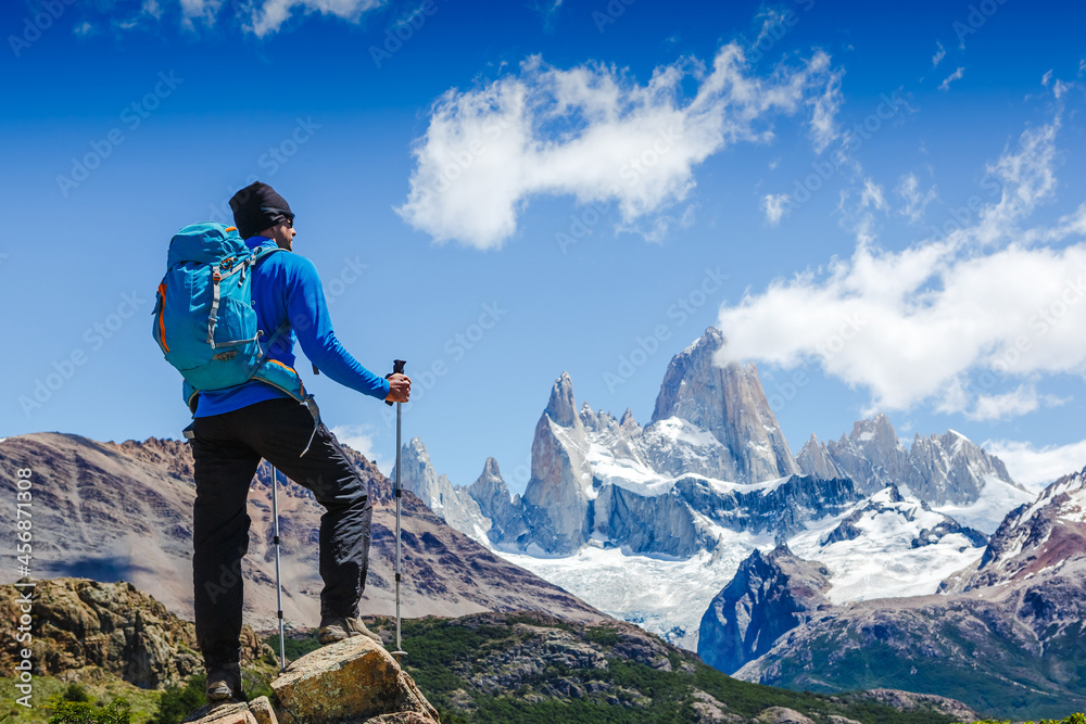Active man hiking in the mountains. Patagonia, Mount Fitz Roy