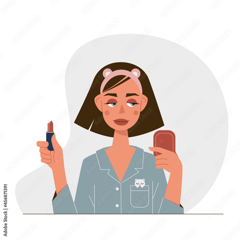 Cartoon fashion modern woman in a headband doing makeup. A cute girl in stylish pajamas holds lipstick and mirror in hands. Visage and beauty at home. Decorative cosmetics. Cartoon fashion modern woman in a headband doing makeup. A cute girl in stylish pajamas holds lipstick and mirror in hands. Visage and beauty at home. Decorative cosmetics.