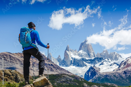Active man hiking in the mountains. Patagonia, Mount Fitz Roy