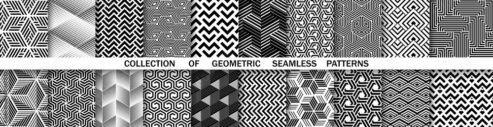 Geometric set of seamless black and white patterns. Simple vector graphics - obrazy, fototapety, plakaty 