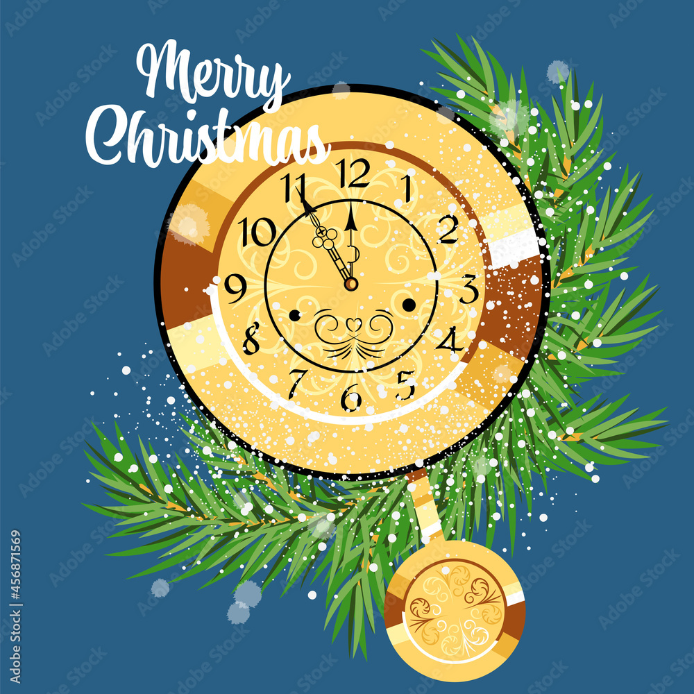 Fototapeta premium Merry Christmas. Christmas greeting card with the inscription. a vector image. watch. new year