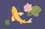 Japanese koi fish swimming in pond in Asian water garden. Decorative peaceful carp and lotus flower in Japan. Traditional Chinese goldfish with waterlily and leaf. Colored flat vector illustration