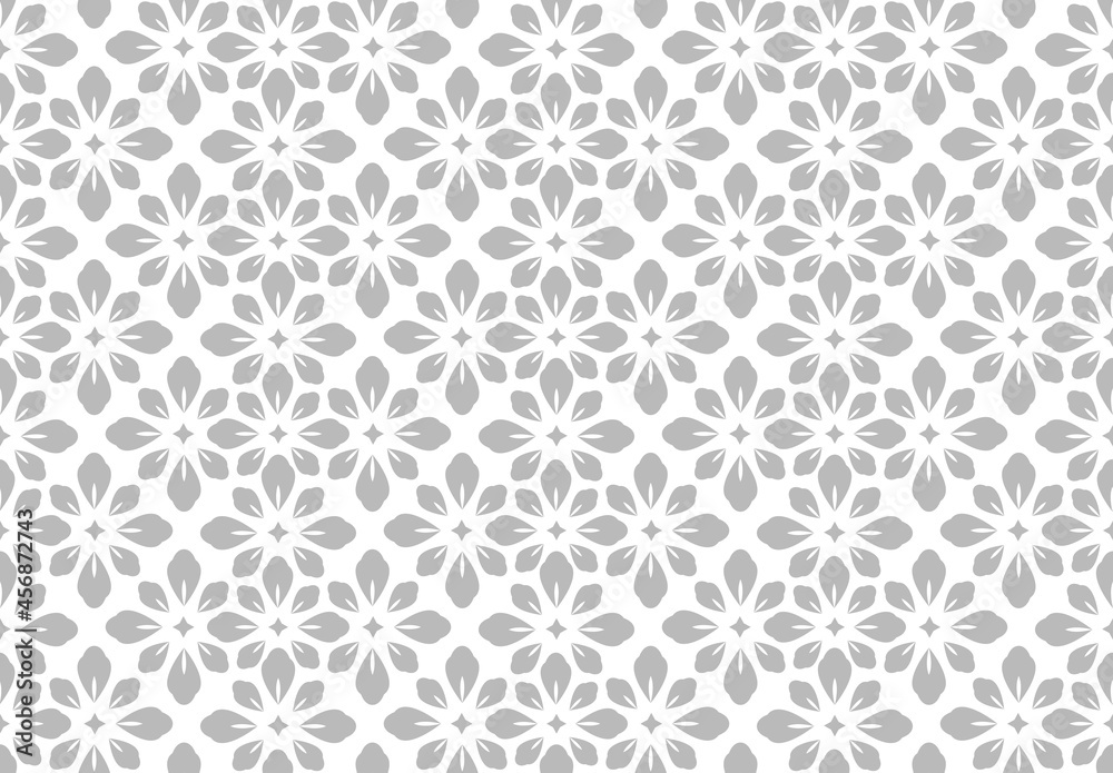 Flower geometric pattern. Seamless vector background. White and gray ornament. Ornament for fabric, wallpaper, packaging. Decorative print. Flower geometric pattern. Seamless vector background. White and gray ornament. Ornament for fabric, wallpaper, packaging. Decorative print.