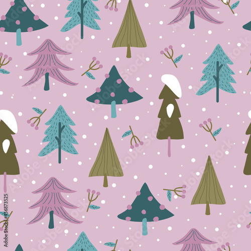 Christmas seamless pattern with Christmas tree, snow and berries on pink background. © Oratai