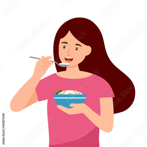 Woman eating fried rice using spoon in flat design on white background. Asian lunch meal.