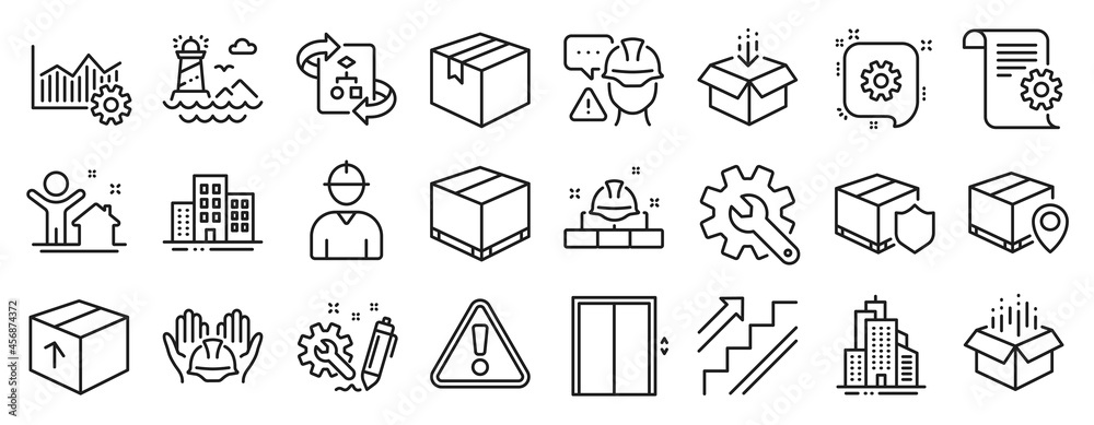 Set of Industrial icons, such as Delivery insurance, Parcel tracking, Parcel icons. Delivery box, Customisation, Engineering signs. Skyscraper buildings, Operational excellence, Buildings. Vector Set of Industrial icons, such as Delivery insurance, Parcel tracking, Parcel icons. Delivery box, Customisation, Engineering signs. Skyscraper buildings, Operational excellence, Buildings. Vector