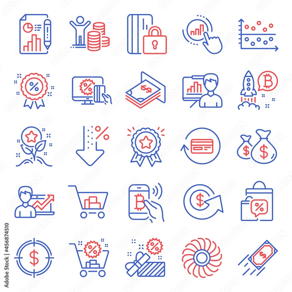 Finance icons set. Included icon as Loyalty points, Graph chart, Sale signs. Shopping cart, Bitcoin project, Refund commission symbols. Report document, Presentation board, Fan engine. Vector