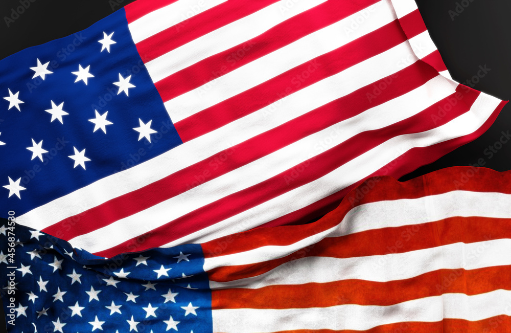 Obraz premium Flag of Hopkinson along with a flag of the United States of America as a symbol of unity between them, 3d illustration