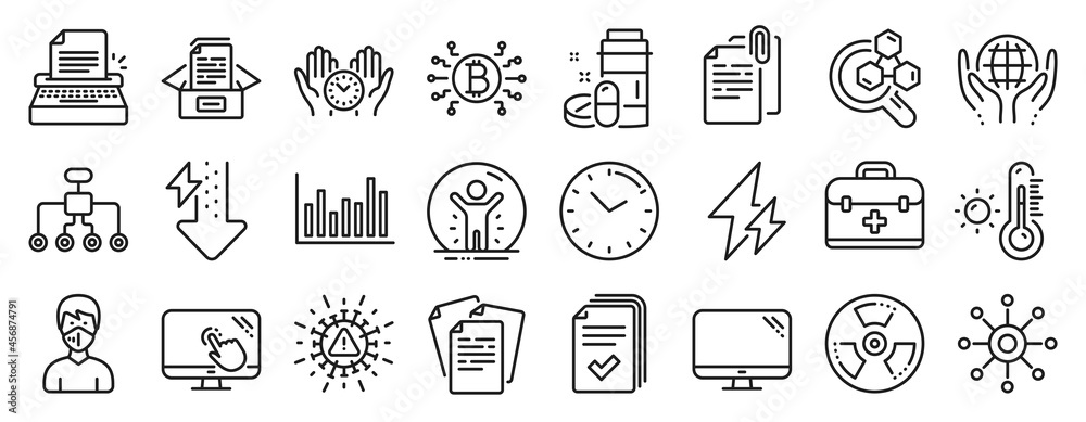 Set of Science icons, such as Chemistry lab, Time, Documents box icons. Chemical hazard, Touch screen, Multichannel signs. Medical mask, Bitcoin system, Documents. Energy drops, First aid. Vector