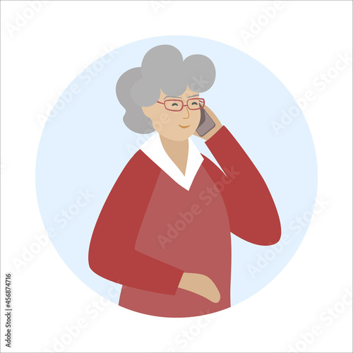 Old woman talks mobile phone, holding cellular smartphone in hand. Answer cellphone call