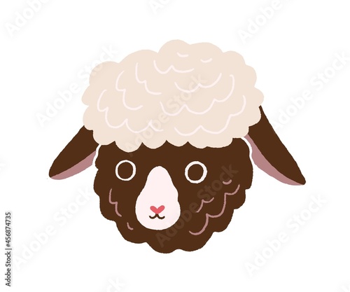 Cute little sheep face. Head portrait of funny domestic lamb in doodle style....