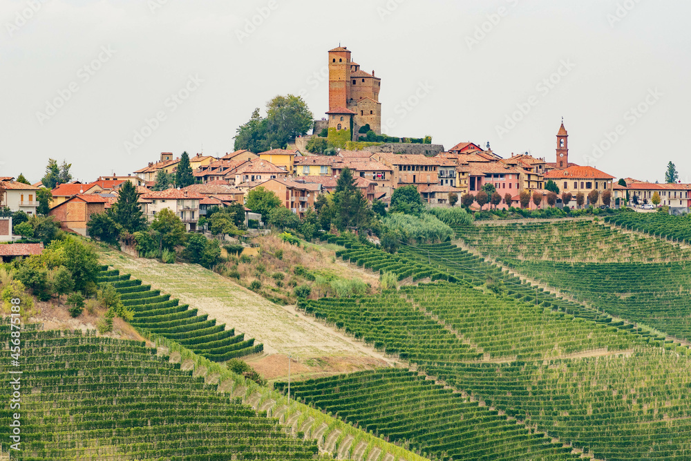 Beautiful view of Serralunga d'Alba with castle and nebbiolo grapes vineyards, Piemonte, Langhe wine district and Unesco heritage, Italy