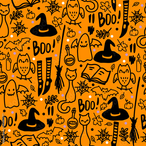Cute vector seamless pattern for Halloween holiday. Doodle funny witch hat, owl, leaves, cats and ghosts. Halloween gift wrapping, notebook cover Web