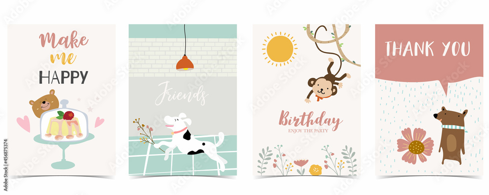 Collection of kid postcard set with monkey,bear, sun.Editable vector illustration for website, invitation,postcard and sticker