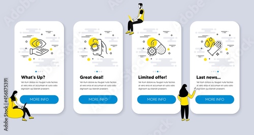 Vector Set of Medical icons related to Covid app, Health eye and Coronavirus pills icons. UI phone app screens with people. Washing hands line symbols. Dirty phone, Optometry, Vaccine. Gloves. Vector