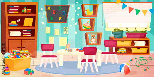 Kindergarten. Children's room interior. Educational toys, table, chalk board. Playroom. Vector illustration in modern cartoon style.