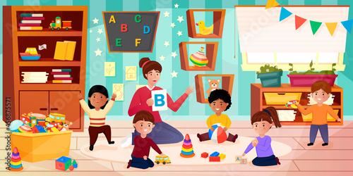 Kindergarten. Children and the teacher play games, learn letters. Cute characters in a modern cartoon style. Interior. Game room.