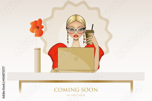 Vector illustration for Coming Soon and Under Construction Page with fashion girl, her laptop, and red poppy. Feminine red and gold web page template for fashion and beauty blog. 