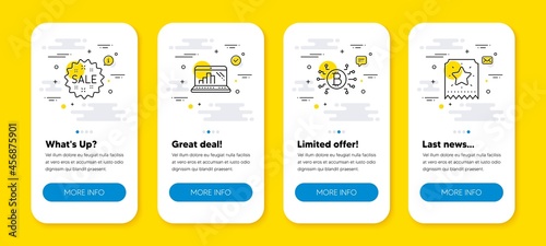 Vector set of Graph laptop, Bitcoin system and Sale line icons set. UI phone app screens with line icons. Loyalty ticket icon. Mobile report, Cryptocurrency scheme, Shopping star. Bonus star. Vector