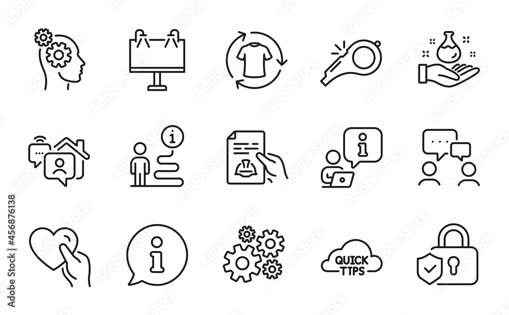 Business icons set. Included icon as People chatting, Change clothes, Technical documentation signs. Security lock, Hold heart, Road banner symbols. Cogwheel, Whistle, Thoughts. Quick tips. Vector Business icons set. Included icon as People chatting, Change clothes, Technical documentation signs. Security lock, Hold heart, Road banner symbols. Cogwheel, Whistle, Thoughts. Quick tips. Vector