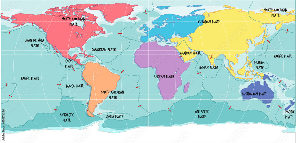Fototapeta premium World Map Showing Tectonic Plates Boundaries