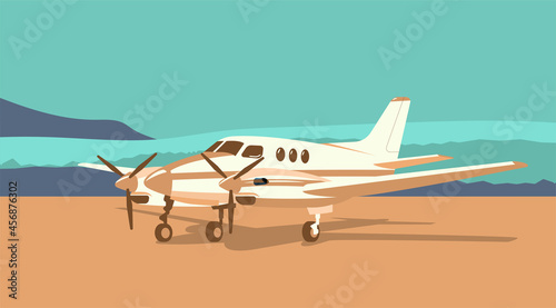 Twin-engine turboprop plane on the background of an abstract landscape. Vector illustration.
