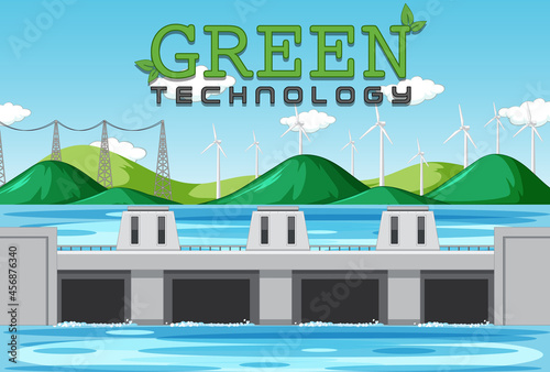 Hydro Power Plants generate electricity with green banner