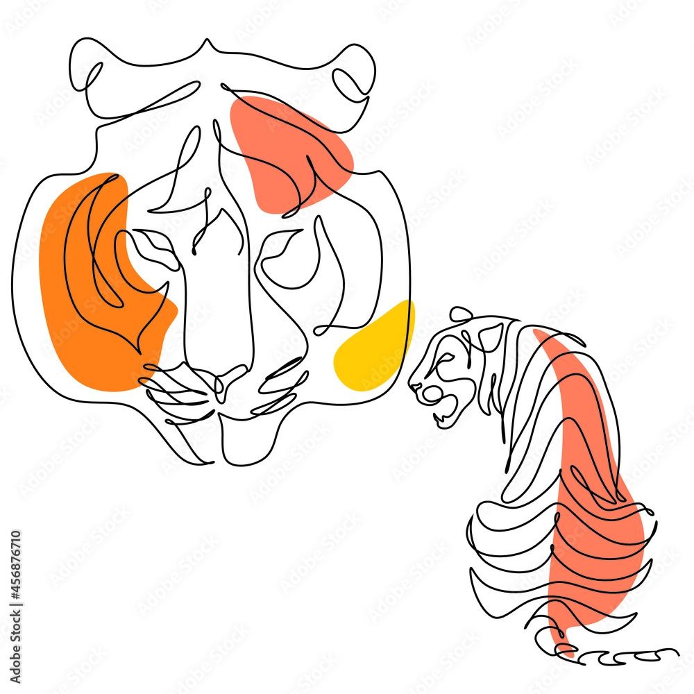 Tiger vector animal wild one line design. Chinese new year 2022 year of the  tiger, line art Stock Vector