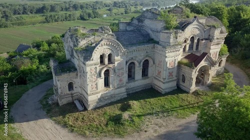 Drone point of view - ruins of old cathedral. Moldova republic of, Pohrebea village. photo