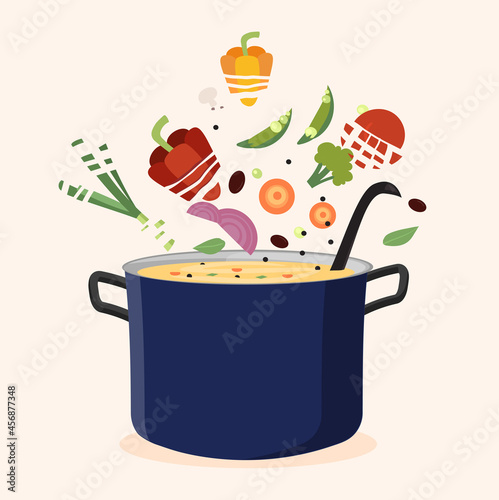 Soup cooked in stainless steel pots. Delicious lunch from hostess. Cooking in kitchen, own food. Pictures for printing on fabric. Cartoon flat vector illustration isolated on beige background