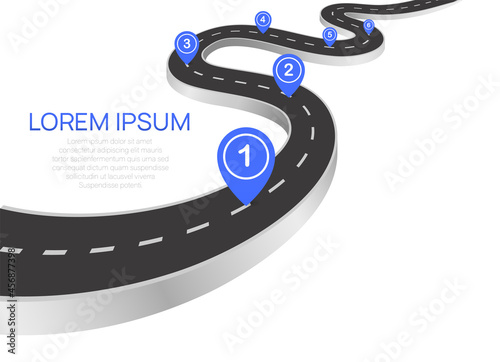 Winding 3d road infographic concept on a white background, Winding road to success with pin pointers, Timeline template.