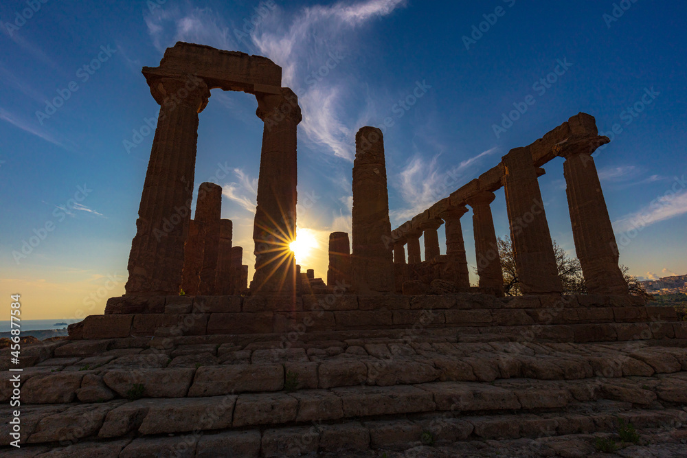 greek temple of juno at sunset.