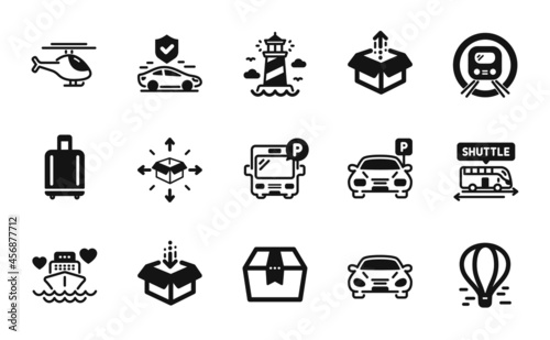 Vector set of Helicopter, Metro subway and Send box icons simple set. Get box, Bus parking and Shuttle bus icons. Air balloon, Baggage reclaim and Honeymoon cruise signs. Vector