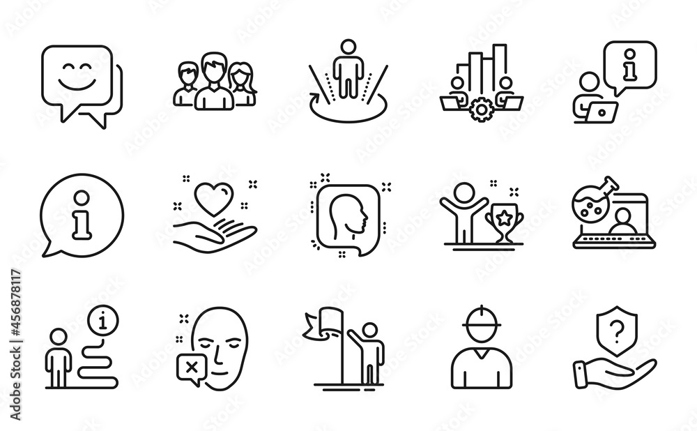 People icons set. Included icon as Augmented reality, Teamwork, Protection shield signs. Online chemistry, Winner cup, Leadership symbols. Hold heart, Head, Face declined. Engineer. Vector