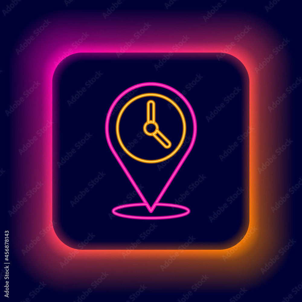 Glowing neon line Location with clock icon isolated on black background. Colorful outline concept. Vector Glowing neon line Location with clock icon isolated on black background. Colorful outline concept. Vector