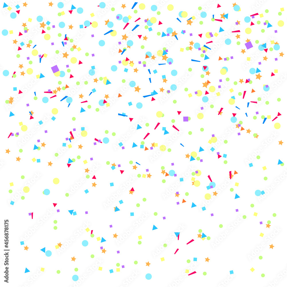 Colored falling geometric glitters on white. Geometrical background with confetti. Pattern for design. Print for polygraphy, posters, banners and textiles. Greeting cards Colored falling geometric glitters on white. Geometrical background with confetti. Pattern for design. Print for polygraphy, posters, banners and textiles. Greeting cards
