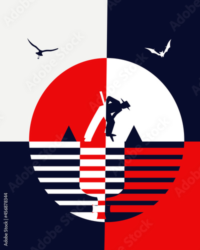 A man digs the ground day and night. Vector illustration.