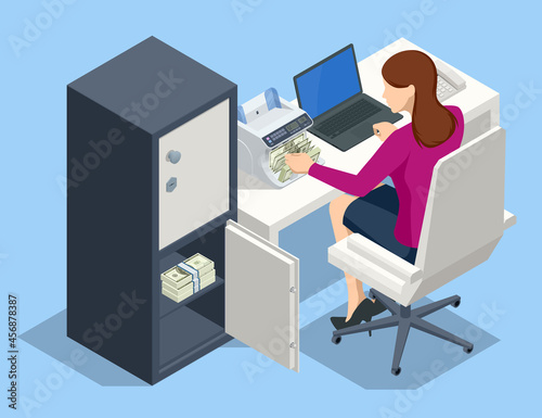 Isometric female teller counting money at cash department concept. The bank employee counts the money and puts it in the safe. Digital Electronic Money Counter Currency Counting