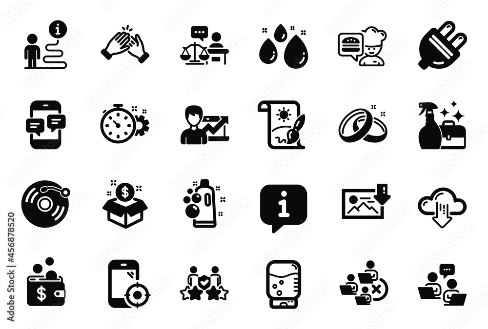 Vector Set of Business icons related to Remove team, Post package and Download photo icons. Water drop, Seo phone and Cleanser spray signs. Teamwork, Creative painting and Clapping hands. Vector