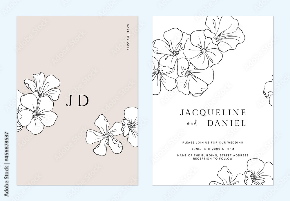 Floral wedding invitation card template, line art flowers on brown and white