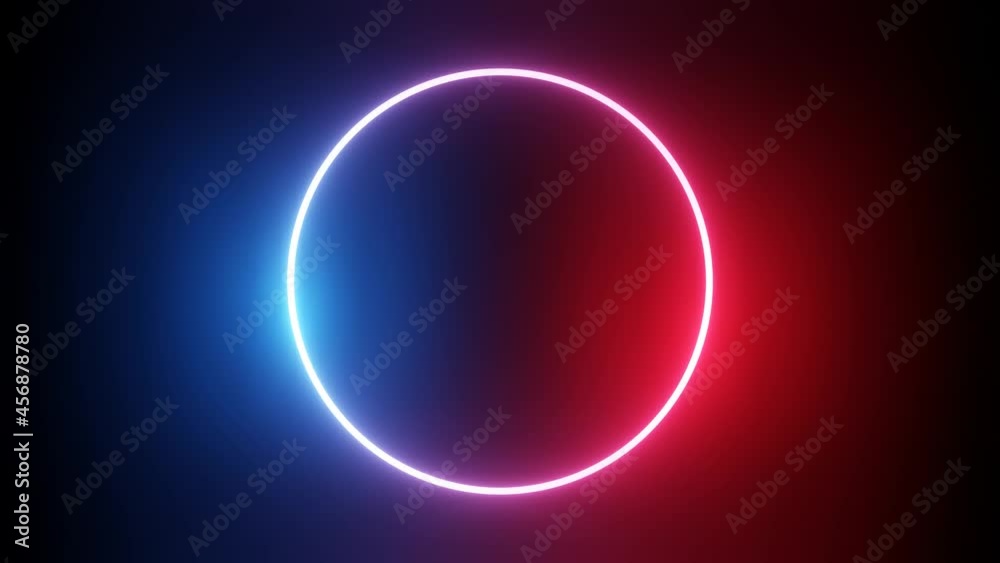 Neon abstract background with circle and red and blue lights moving around it. Slow turn. Shiny disc. Abstract footage video. Black background. Neon abstract background with circle and red and blue lights moving around it. Slow turn. Shiny disc. Abstract footage video. Black background.