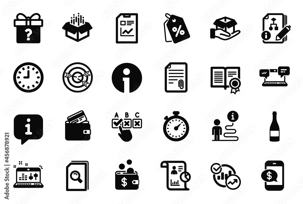 Vector Set of simple icons related to Correct checkbox, Report document and Attachment icons. Diploma, Report and Debit card signs. Open box, Algorithm and Secret gift. Clock, Timer and Info. Vector