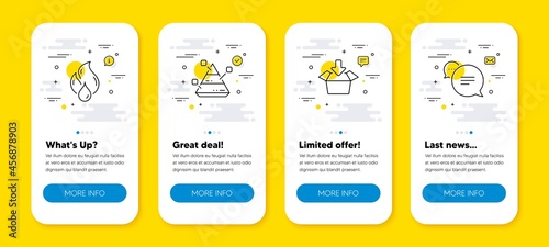 Vector set of Get box, Flammable fuel and Pyramid chart line icons set. UI phone app screens with line icons. Text message icon. Send package, Fire oil, Report analysis. Chat bubble. Vector