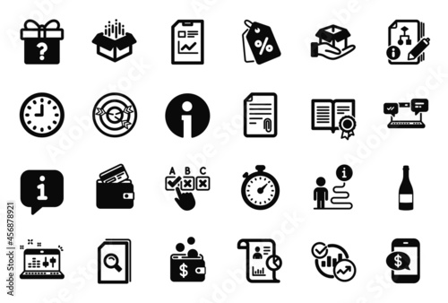 Vector Set of simple icons related to Correct checkbox, Report document and Attachment icons. Diploma, Report and Debit card signs. Open box, Algorithm and Secret gift. Clock, Timer and Info. Vector