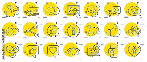 Social media line icons. Set - Share network, Social links and Rating linear icons. Heart, Feedback smile emotion and internet media. Share network, like icon, video content rating and dislike. Vector