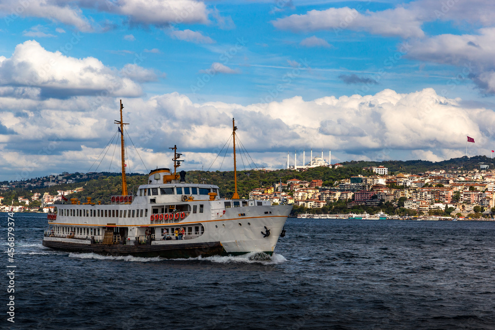 The Bosporus strait with sea traffic, ships and boats in Istanbul, Turkey