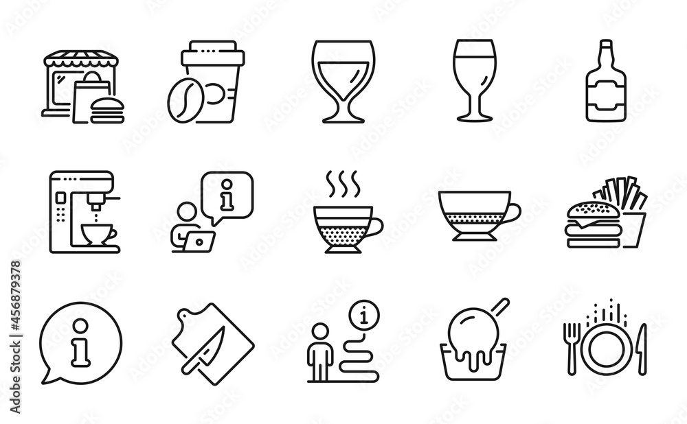 Food and drink icons set. Included icon as Wine glass, Ice cream, Food signs. Food market, Burger, Takeaway coffee symbols. Whiskey bottle, Bombon coffee, Beer glass. Cutting board. Vector