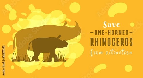 Save the one-horned rhinoceros from extinction. Endangered Endemic Animal from Indonesia. Ecology crisis. Big ecological problem. Horizontal posters. Colorful rhino cartoon flat style.